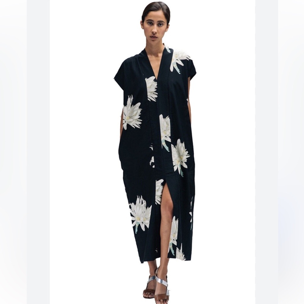 Horses Atelier Smoking Caftan Kimono Dress Hawaiian Floral Black Size 4